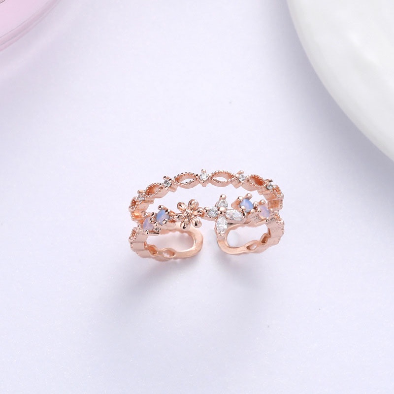 Cincin Model Terbuka Lapis Ganda Bahan Zirkon Warna Rose Gold Dapat Disesuaikan Gaya Vintage Korea Untuk Wanita