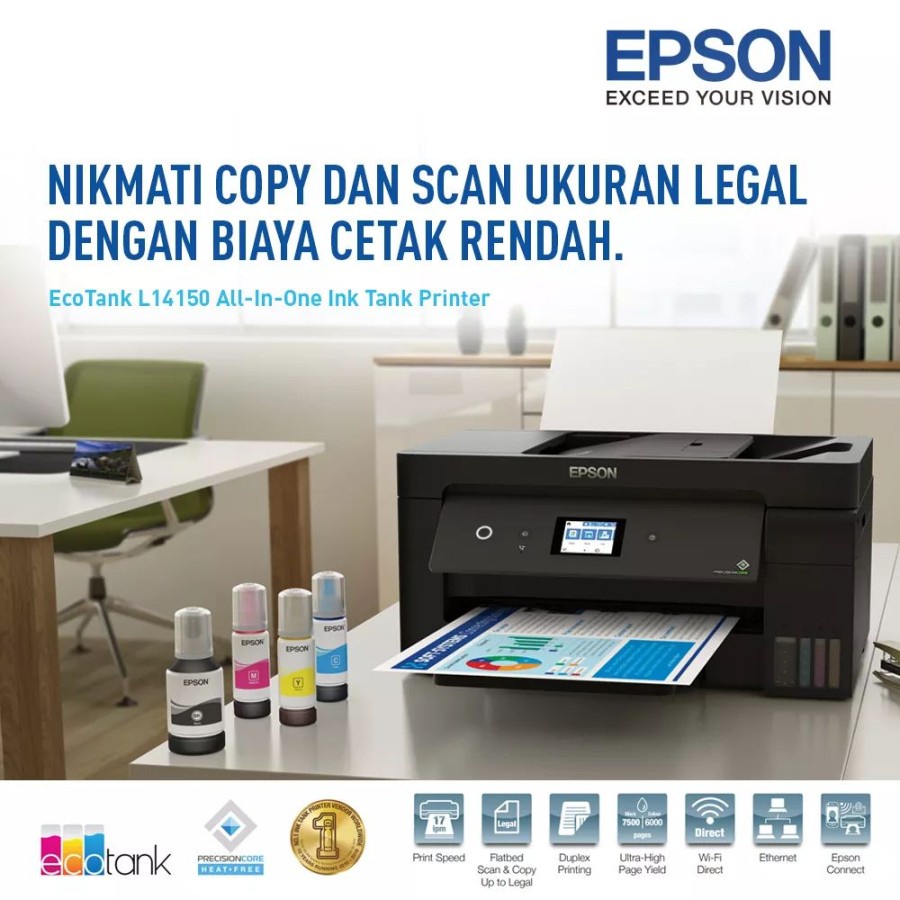 Epson EcoTank L14150 A3+ Wi-Fi Duplex Wide-Format All-in-One Ink Tank Printer / Print A3 Scan F4 Copi F4 / Wi-Fi Duplex Fax With ADF / Garansi Resmi