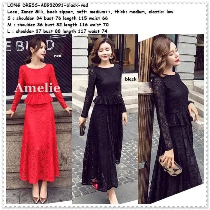 Dress Brukat Long Dress Gaun Pesta Lengan Lace Brukat Korea Import Black Red Merah Murah