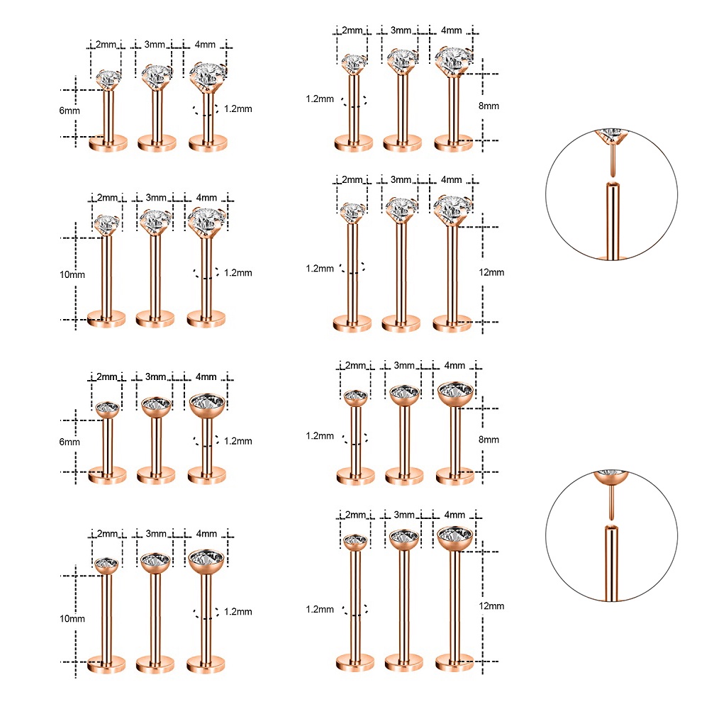 1 Pc 6/8/10/12MM Gold Plug-In Stainless Steel Labret Piercing 16G Lip Ring Crystal Helix Cartilage Stud Body Pircing Jewelry