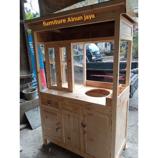 gerobak bakso mie ayam natural glossy+roda 4 roda kecil