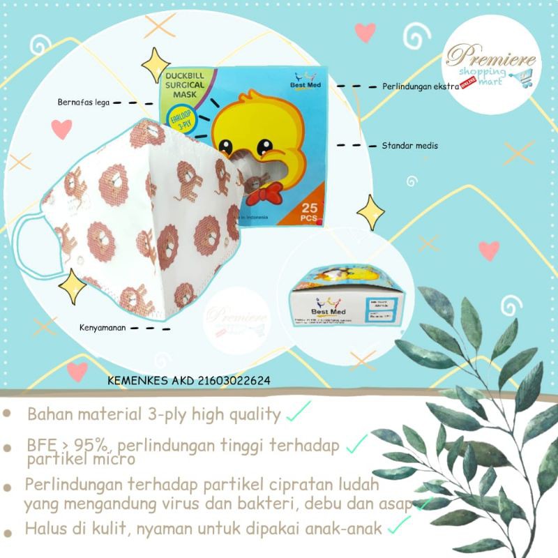 Masker Anak 3 Ply Duckbill Surgical Mask BESTMED - Kids Earloop Box isi 25 Pcs