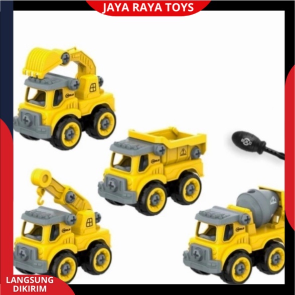 Mainan Edukasi Anak | Mobil Bongkar  Model Truk konstruksi Lengkap Isi 4 Bonus Obeng 1SET 4PCS KGP-10