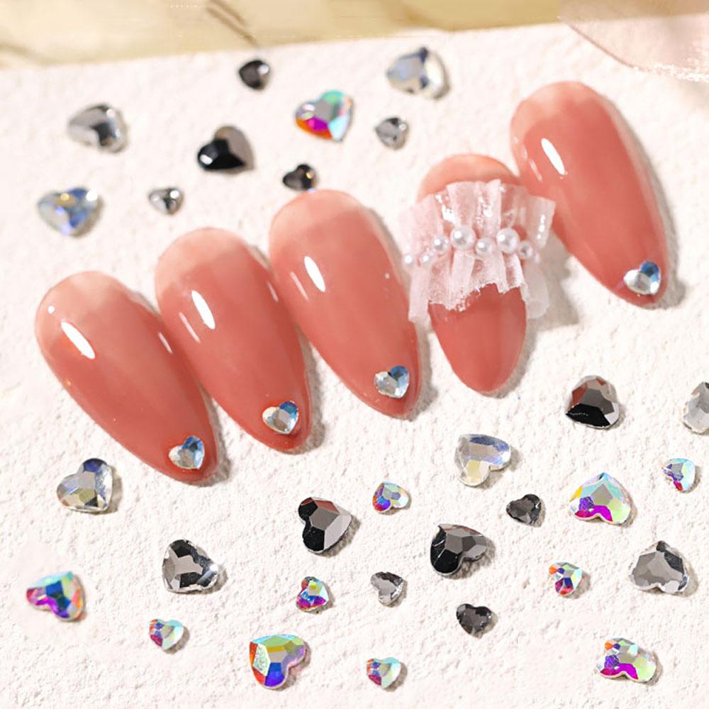 Mxbeauty Heart Nail Art Rhinestones Wanita Mix Glitter Aurora Laser Bentuk Hati Berlian Perhiasan AB Kristal Stiker Kuku