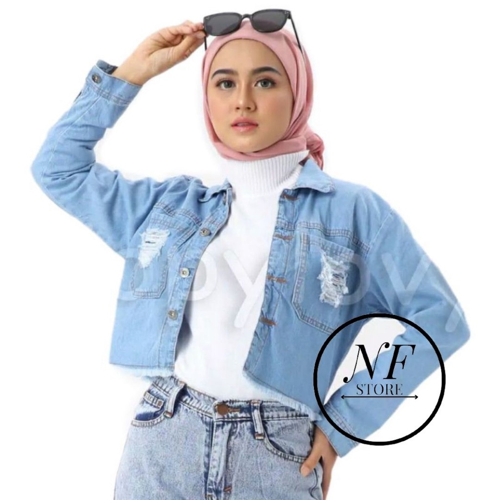 Jaket Jeans Wanita Model Crop Kantong Sobek Reylin