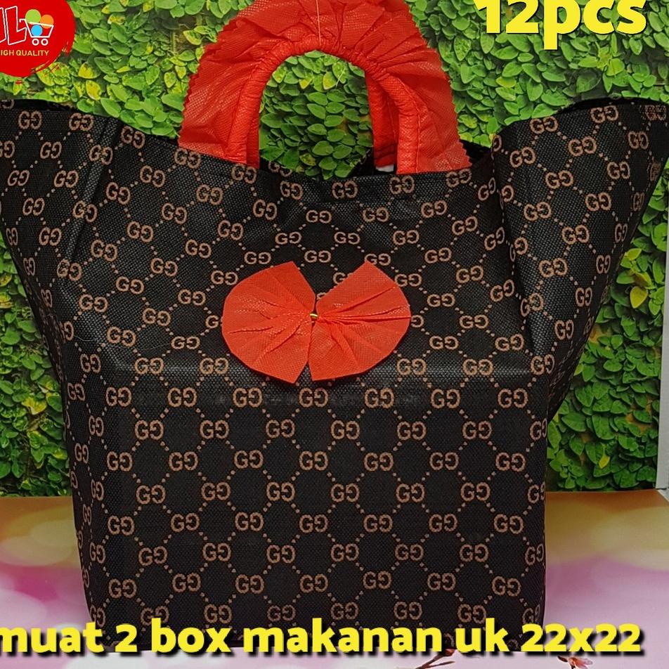 

Terbaik! 12pcs Tas Kain Spunbond Pita Tebal utk 2dus nasi 22x22 box Hajatan Syukuran Parcel Goodie Bag !!