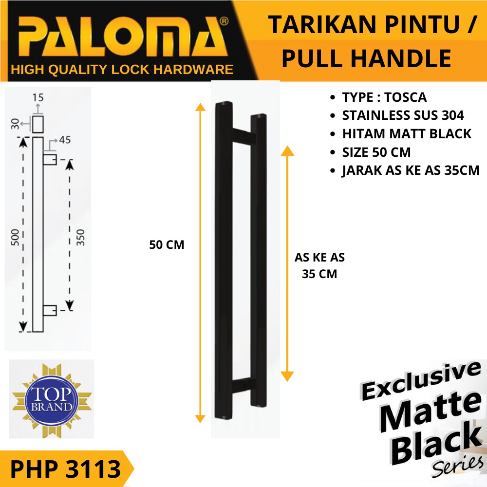 PALOMA PHP 3113 PULL HANDLE TARIKAN GAGANG PINTU 500MM HITAM BLACK MATT