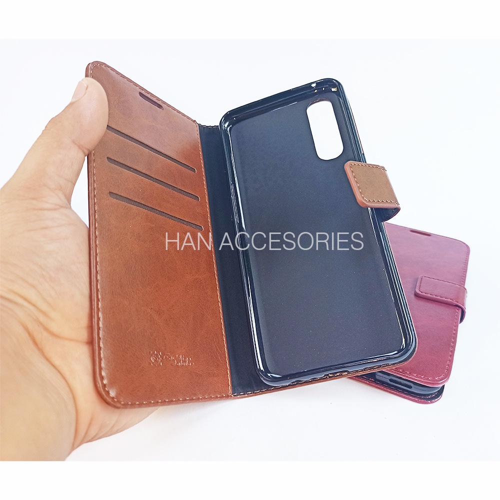 (PAKET HEMAT) Fashion Selular Flip Leather Case REALME 7/7 PRO/C11/C12/C15  Flip Cover Wallet Case Flip Case + Nero Temperred Glass