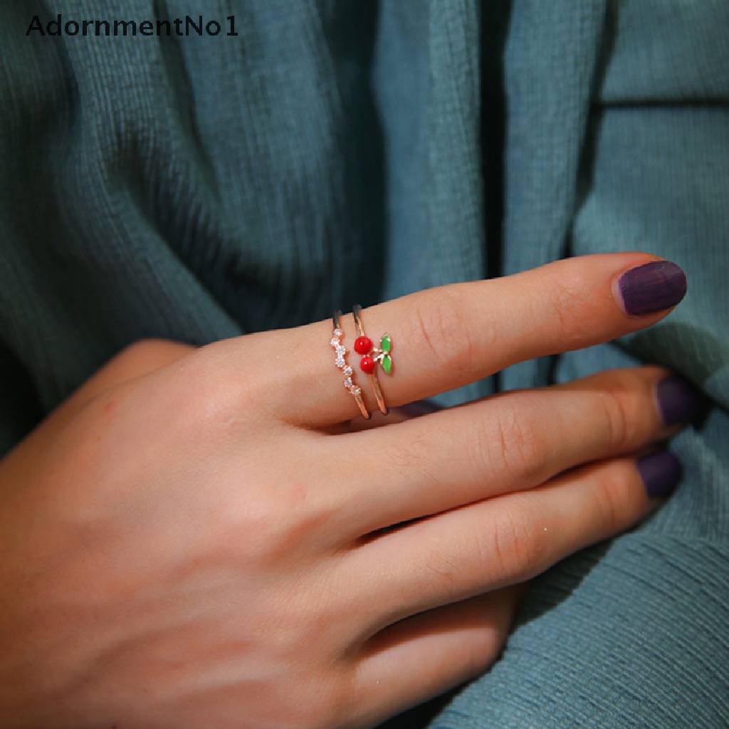 (AdornmentNo1) Cincin Terbuka Gaya Jepang / Korea Motif Strawberry / Cherry Untuk Perhiasan Wanita