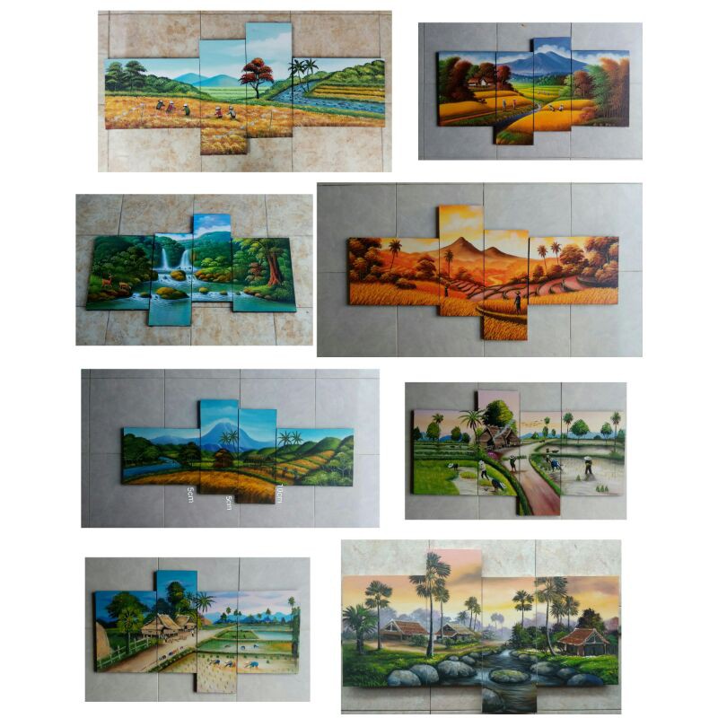 Lukisan panel pemandangan alam sawah cantik