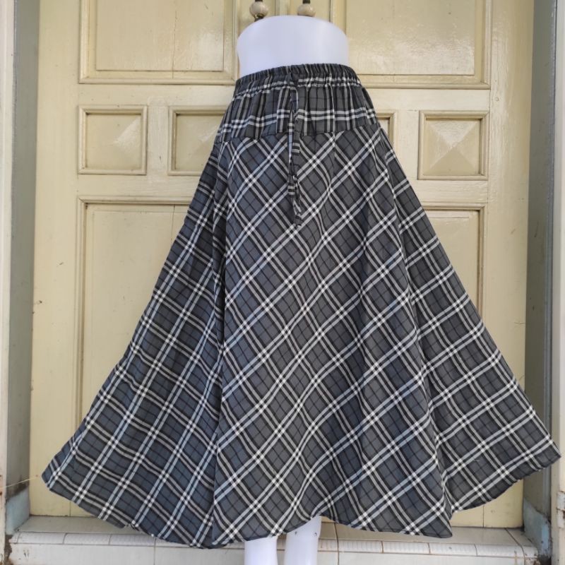 (BISA COD)ROK PAYUNG/ROK KATUN LEBAR/MOTIF BURBERRY-Abu
