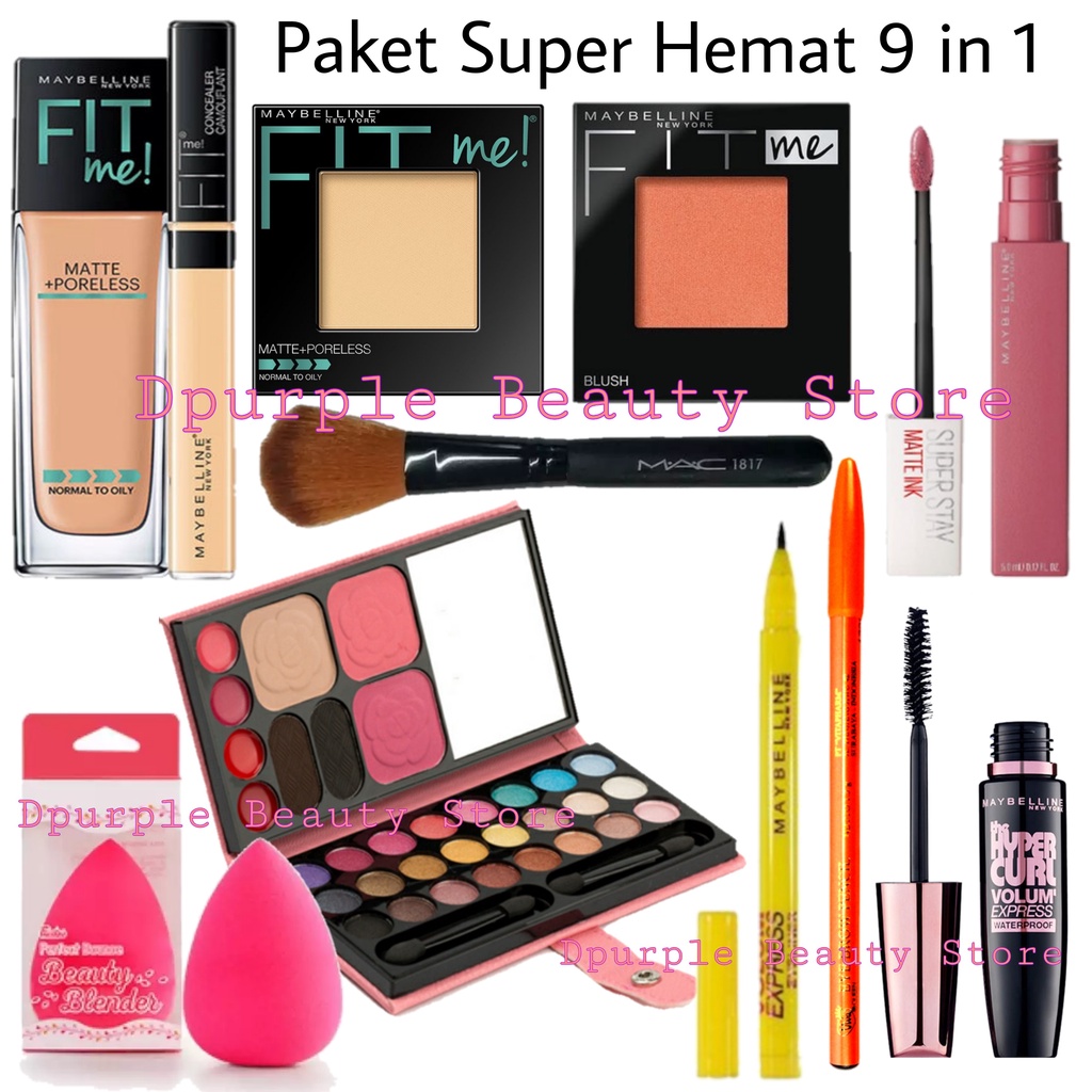 Paket Kosmetik Maybelline Super Hemat Lengkap - Paket Make Up Maybelline Komplit Murah - Bedak - Fodnation - Concealer - Blush On - Eyeshadow - Maskara - Eyeliner - Lipcream - Pensil Alis - Bulu Mata - Lem Bulu Mata - Penjepit Bulu Mata - Kuas Make Up