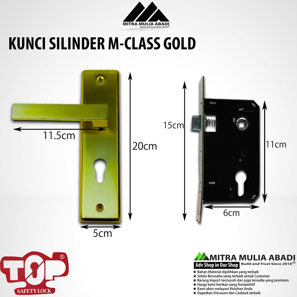 Kunci Silinder Pintu Rumah Warna Emas TOP M-Class Komplit 1 Set 20cm