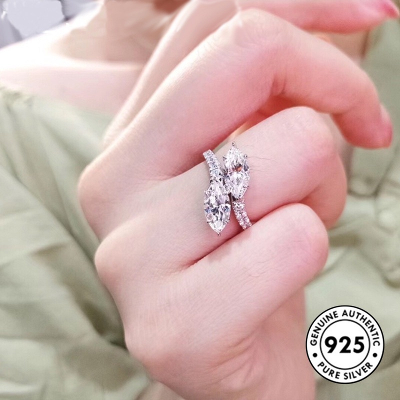 Cincin Desain Daun Aksen Berlian Bahan S925 Silver Untuk Wanita