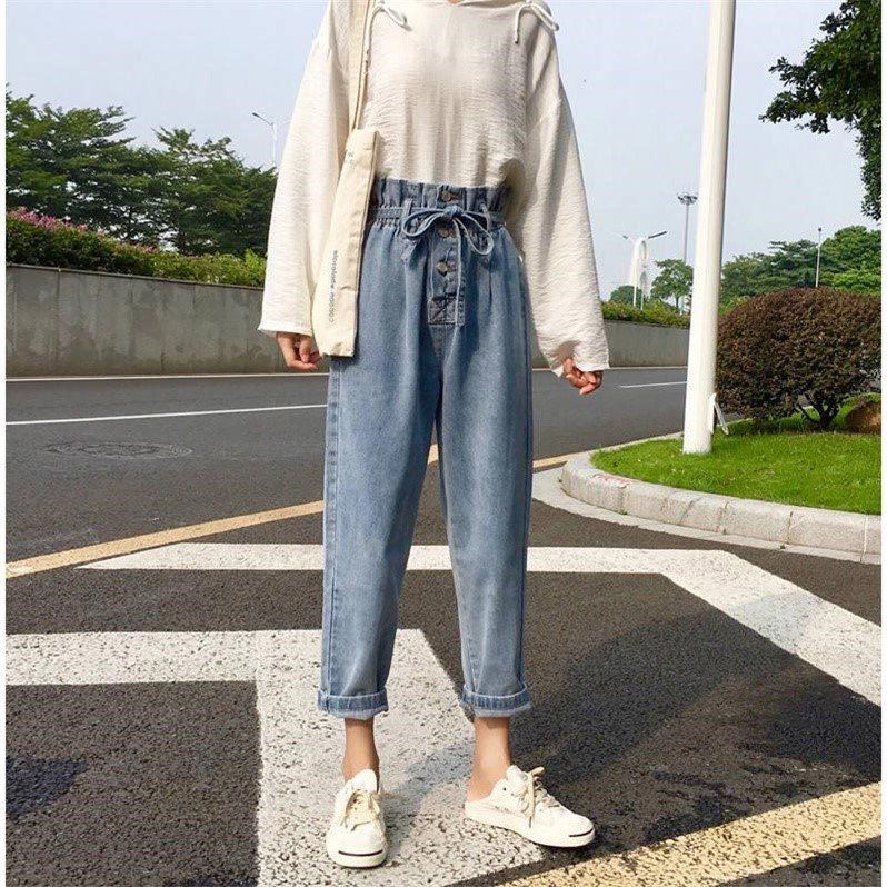 MOOGU ♡ Celana panjang model high waist bahan jeans untuk wanita