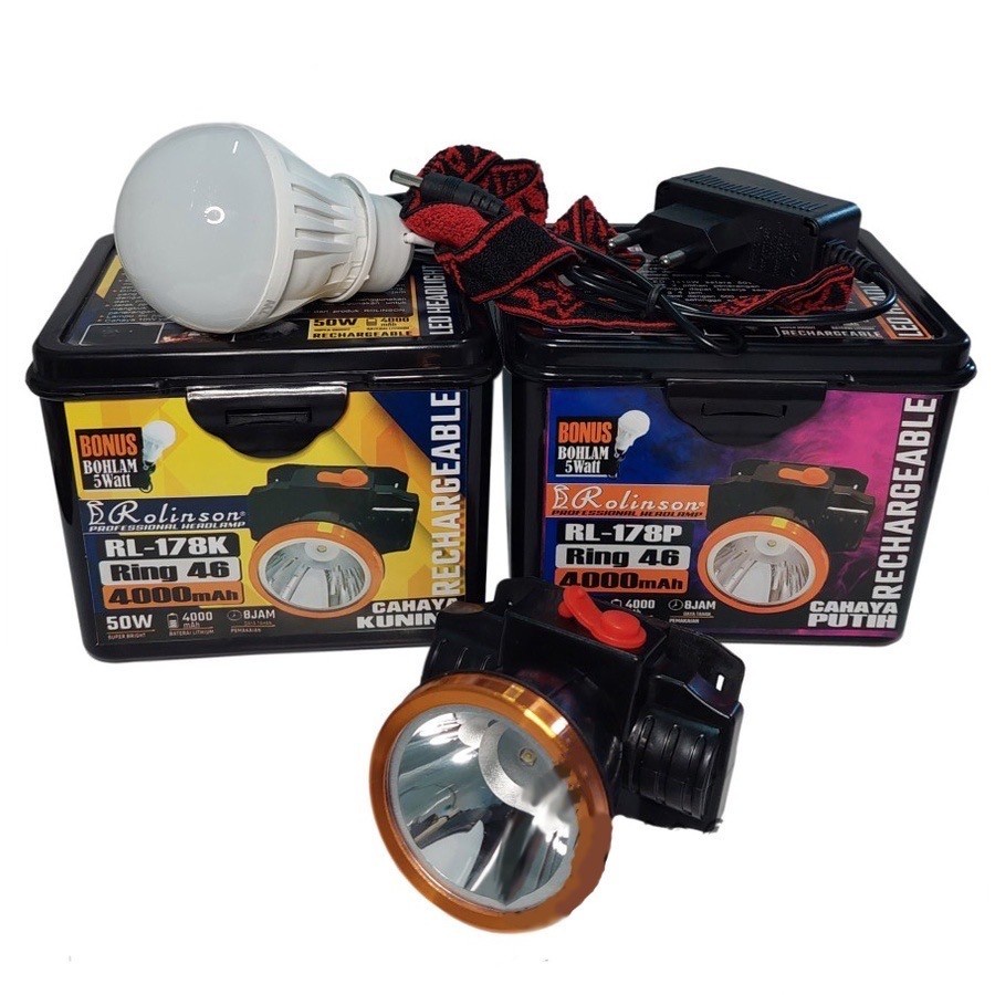 COD SENTER KEPALA LED PROFESSIONAL HEADLAMP RECHARGEABLE 50 WATT ROLINSON RL-178K CAHAYA KUNING 50 WATT BONUS BOHLAM 5 WATT