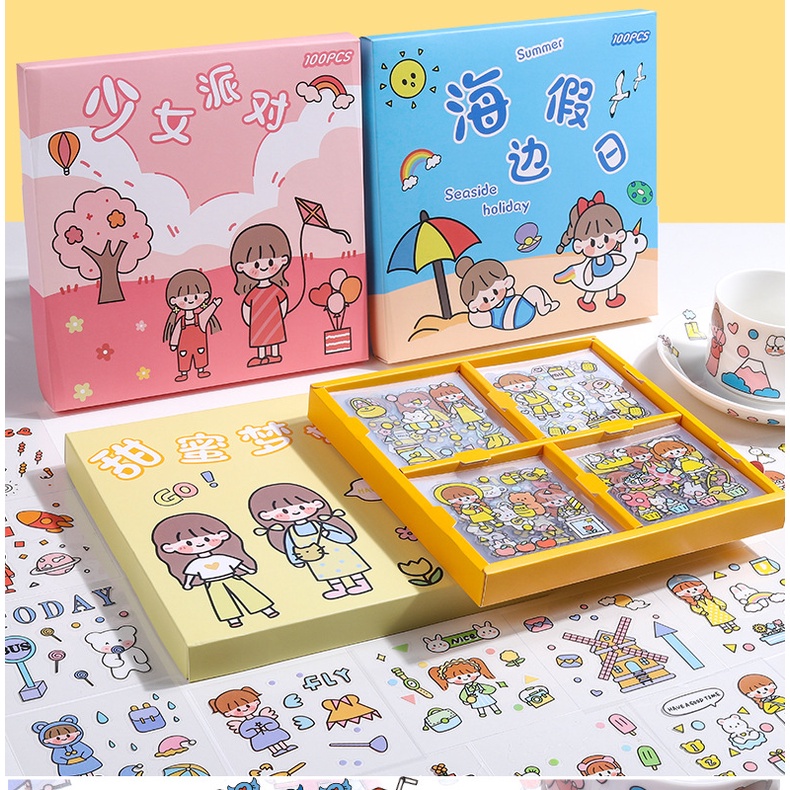 

[DZ] ST524 -100 Lembar Set Sticker PET DIY Scrapbook Stiker Hias Lucu in Box