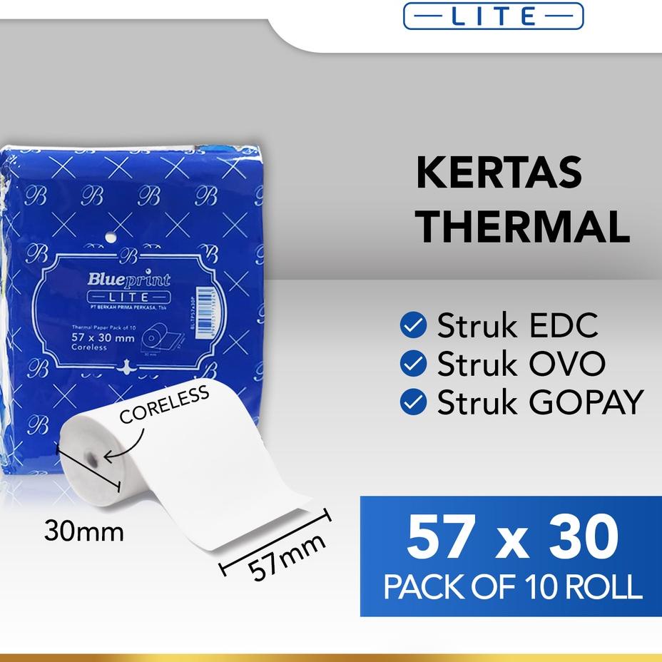 

정 Kertas Thermal BLUEPRINT Lite 57 x 30 , Kertas Struk Kasir PPOB 57x30 mm - 10 Roll Limited