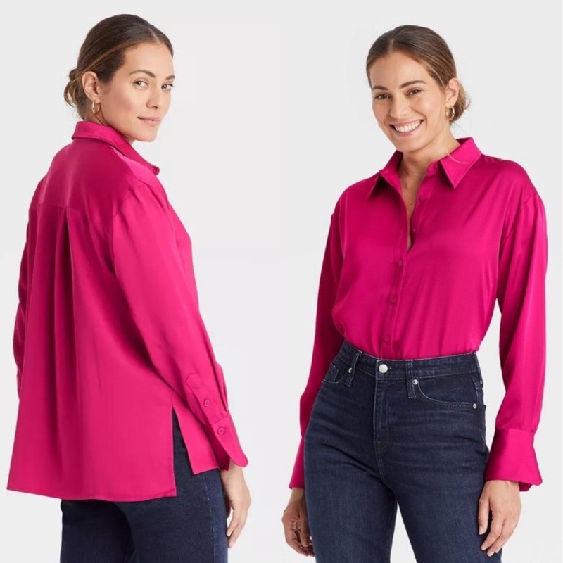 A new day - Women's Long Sleeve Satin Shirt (Fuchsia)