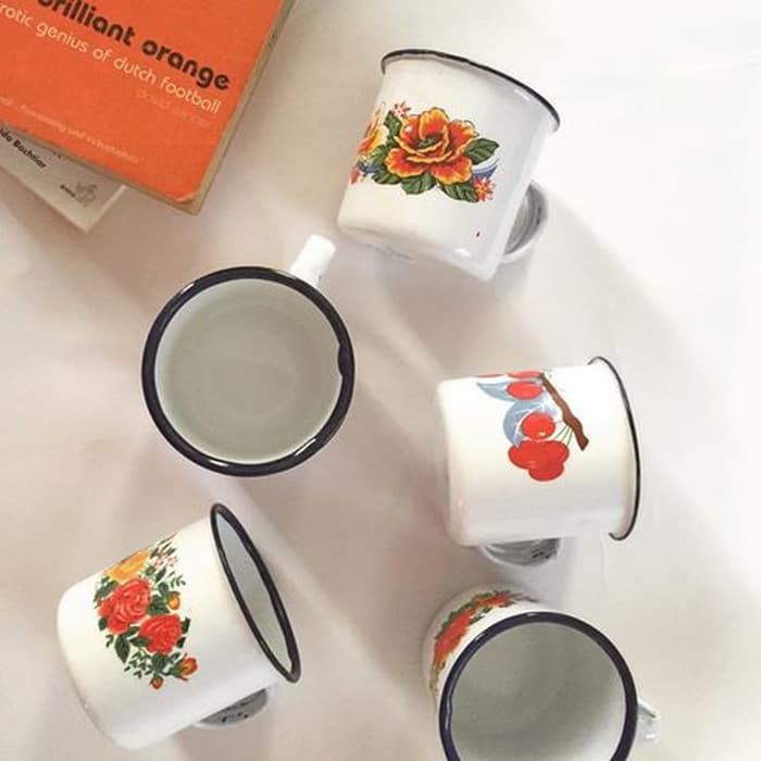 Mug Cangkir Kecil Mini Motif Bunga Enamel Seng Kaleng Jadul Vintage