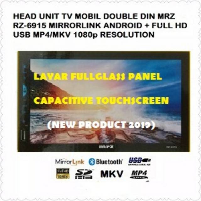HEAD UNIT TAPE TV MOBIL DOUBLE DIN MRZ MIRRORLINK ANDROID, FULL HD USB MP4 MKV, LAYAR LED FULLGLASS