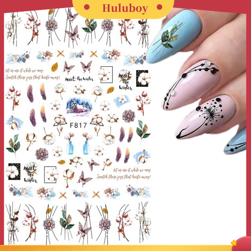 Huluboy Huluboy♡ Stiker Kuku Efek Glitter 3D Ultra Tipis Motif Daun Geometri Untuk Dekorasi Manicure