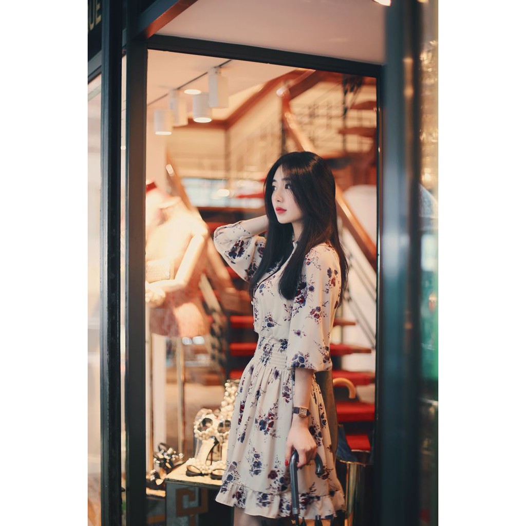 Dress Midi Lengan Panjang Model Longgar Motif Bunga Gaya Korea Bahan Sifon