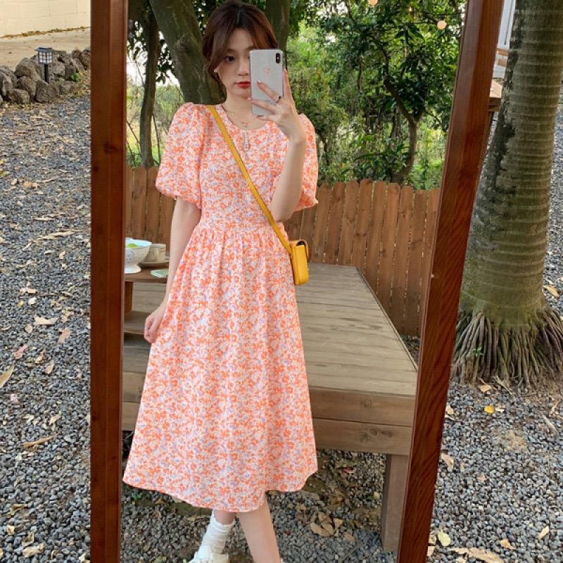 [littlecrab] Dress Bunga Oren Aesthetic Orange Flower Long Dress With Pearl Dress Panjang Model Tradisional Simple Elegan Berkualitas Korean Style Chinese Modern Dress Lengan Pendek Model Bunga Bunga Simple