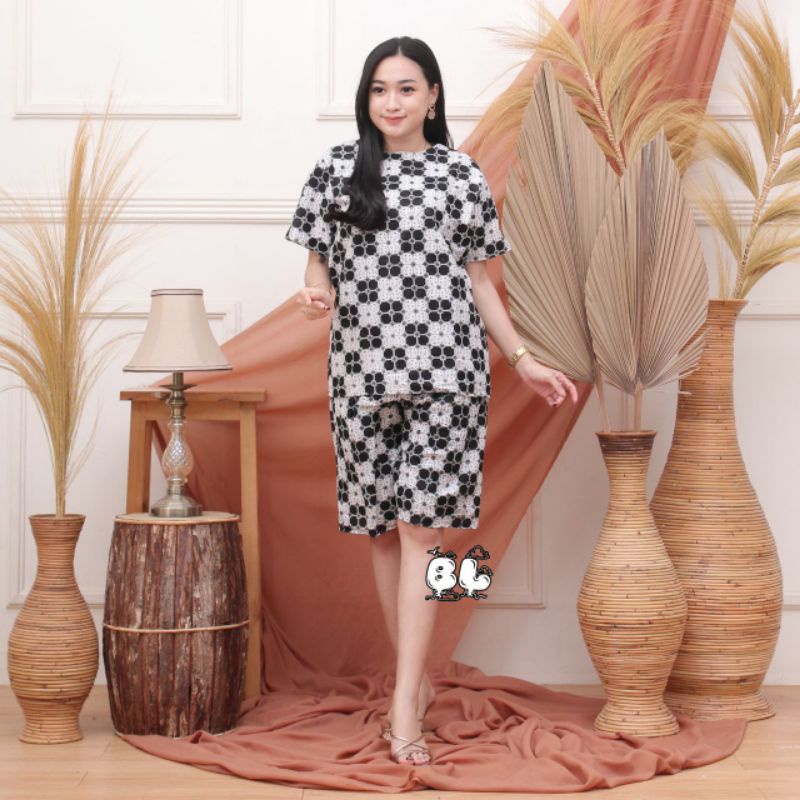 setelan kulot batik motif monochrome polkadot setelan wanita baju santai-I