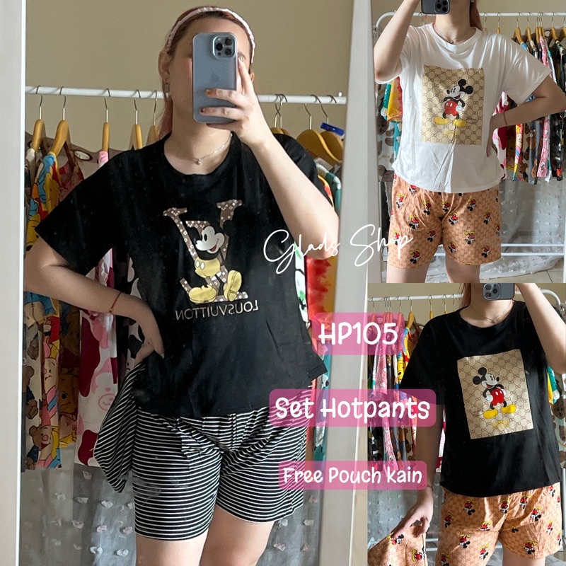 HP105 • Baju Tidur HotPants Import • Kaos Lengan Pendek Celana Pendek • Fashion Wanita