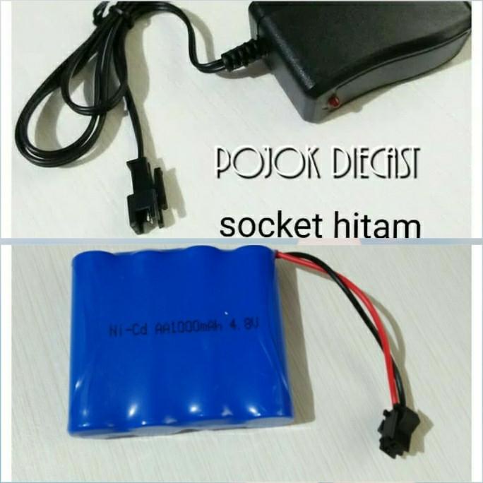 Baterai Batre RC Mobil Remot 4.8V 4,8V 1000mAh Socket Hitam + Charger