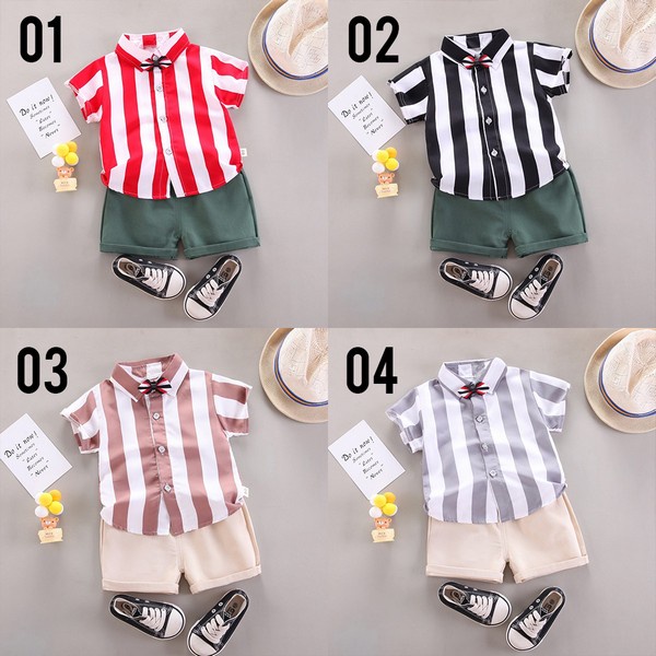 LID7001 - Baju + Celana Pendek Cotton Set 2in1 Setelan Bayi Lengan Pendek Garis