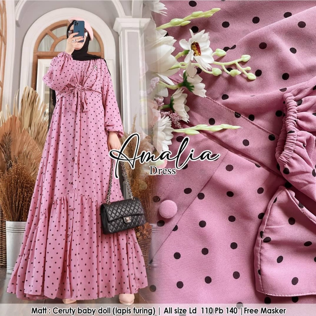 AMALIA DRESS BL CERUTY BABYDOLL FULL PURING LD 110 CM PB 138 CM Motif Polkadot Perempuan Gamis Wanita Terbaru Murah Gaun Dress Kondangan Simple BEST SELLER 2022