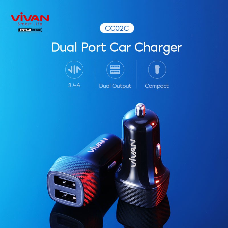 VIVAN Car Charger CC02C 3.4A Dual USB Smart IC Quick Charging Mobil Original Garansi Resmi 1 Tahun