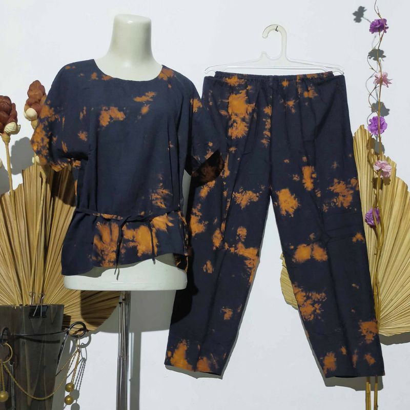 PREMIUM BAJU TIDUR PIYAMA PAJAMAS ONE SET RAYON VISCOSE TIE DYE MOTIF-Teddy 11