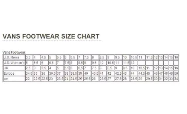 vans chart size cm