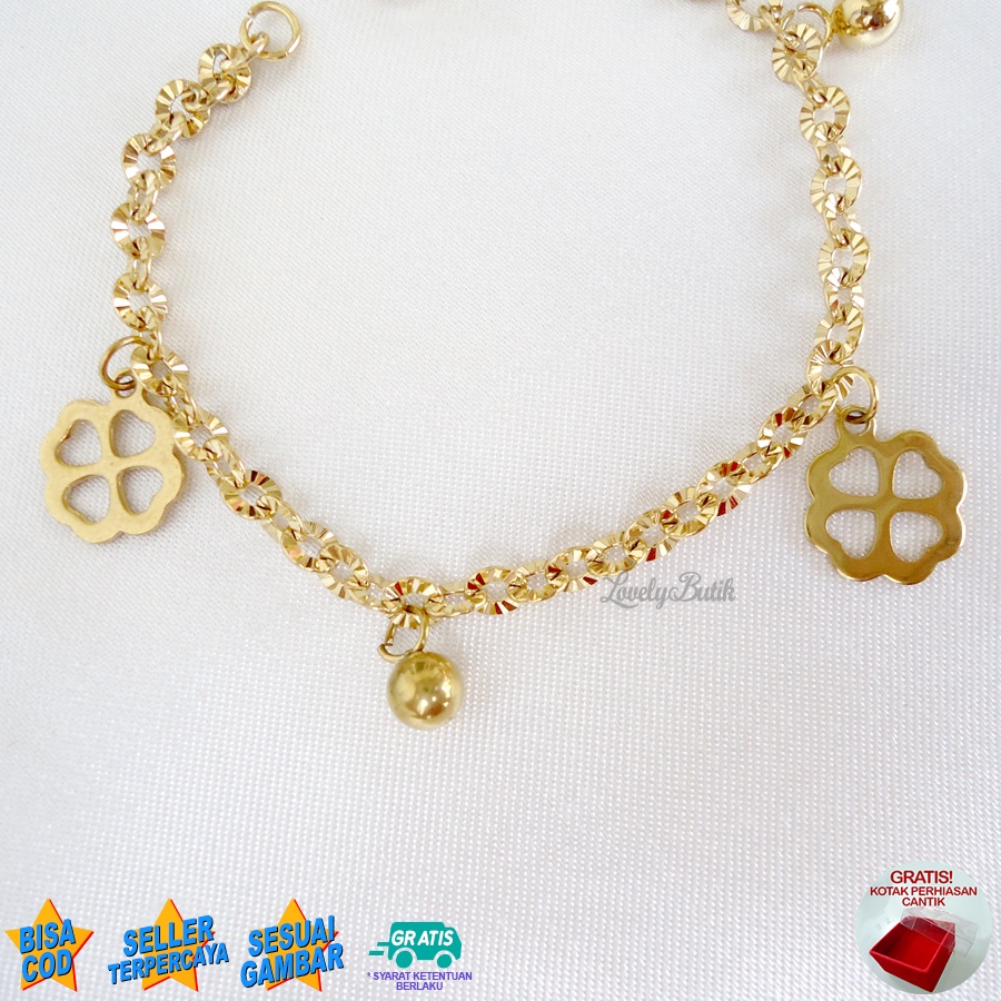 Lovelybutik Gelang Anak Perempuan Titanium Asli Anti Karat Gelang Tangan Anak Bunga Kecil Rantai Nori Donat Ukuran 15 Cm BONUS TEMPAT PERHIASAN