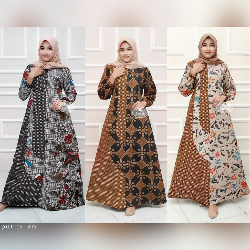  Gamis  batik  kombinasi wanita terbaru bermacam warna corak all size dan jumbo Putra mm 