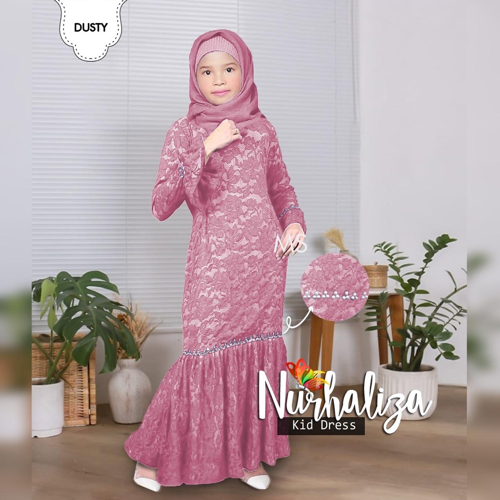 NURHALIZA MAXI DRESS BRUKAT ANAK 6-8th / GAMIS BRUKAT ANAK MUSLIMAH CANTIK MAXY KID NURHALIZA BAHAN MOSCREPE KOMBI BRUKAT