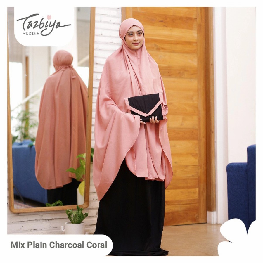 Mukena tazbiya dewasa 2in1 Mix plain charcoal coral