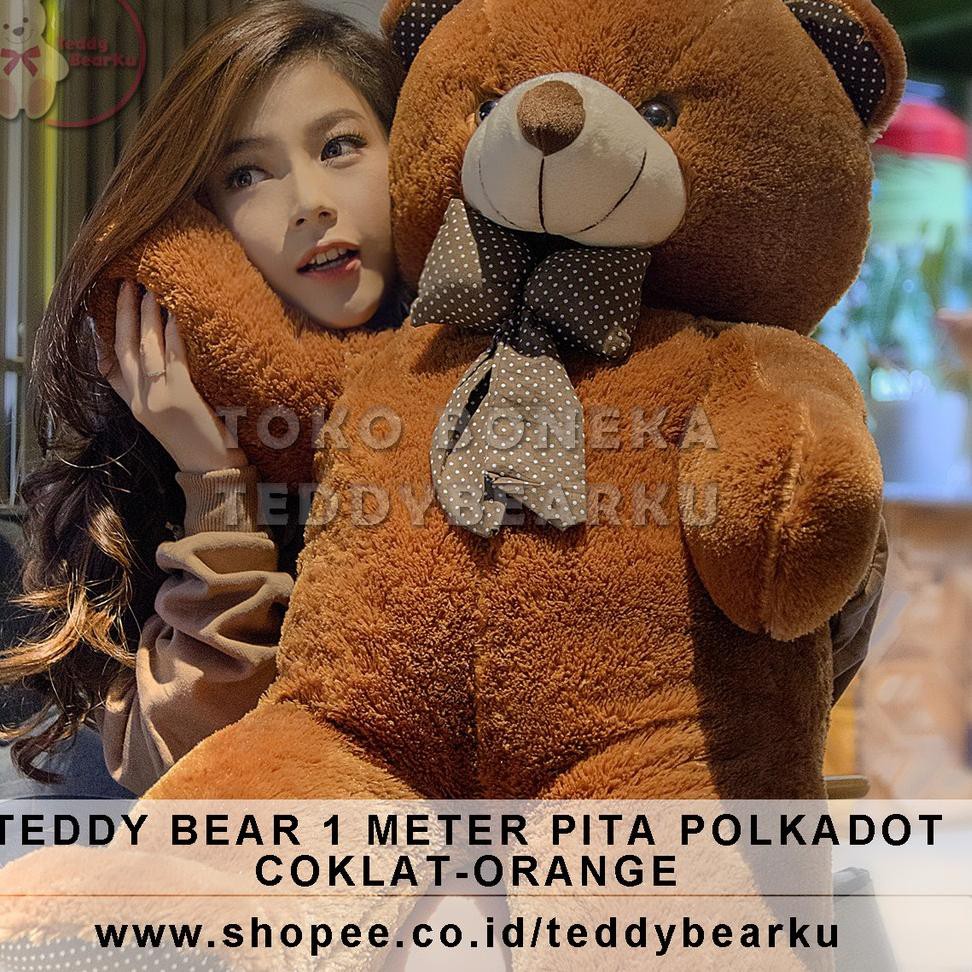 Top Produk.. Boneka Teddy Bear Jumbo 1 Meter Pita Polkadot COKLAT ORANGE FMI