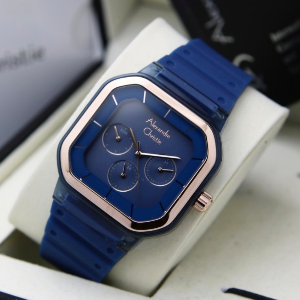 Jam Tangan Wanita Alexandre Christie Original AC2811L Tali Karet Biru Rosegold