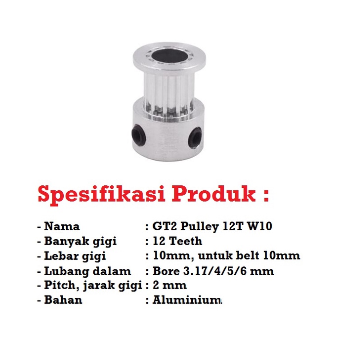 [HAEBOT] GT2 Pulley Timing 12T W10 Bore 3.17 4 5 6mm Lebar 10mm Puley CNC 3D Printer Aluminium Pitch 2mm Aktuator Slider Bergigi Gigi 12