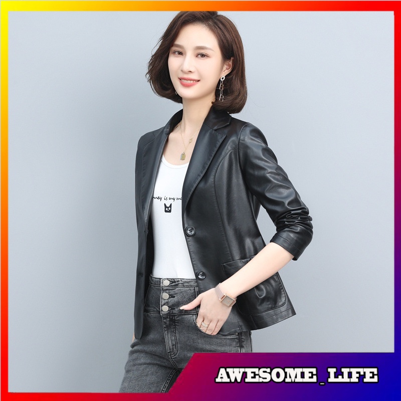 Jaket Pendek Wanita Kulit Black Small Business Suit Leather Coat Women's Short  Spring Versatile Two