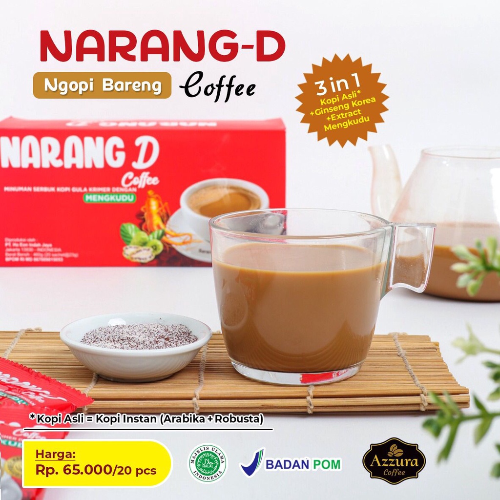 

Narang D Coffee Minuman Serbuk Kopi Gula Krimer Herbal Ekstrak Ginseng dengan Mengkudu dari Madu Azzura