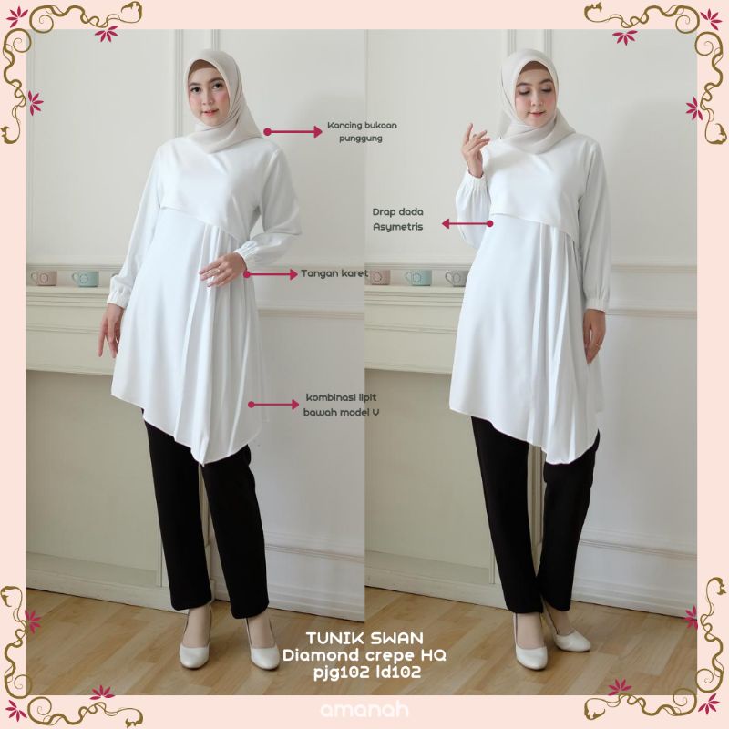 Baju atasan tunik murah muslim polos cantik hitam putih swan