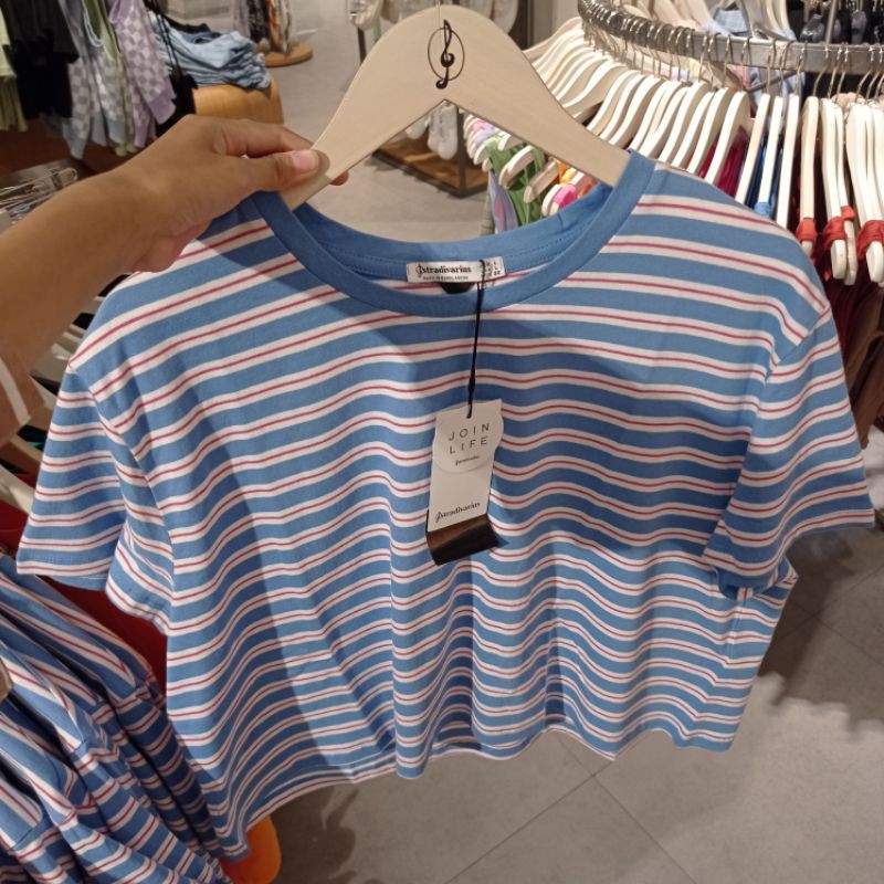 JASTIP STRADIVARIUS ORIGINAL Kaos Crop Garis T-Shirt Basic Stripes Lengan Pendek