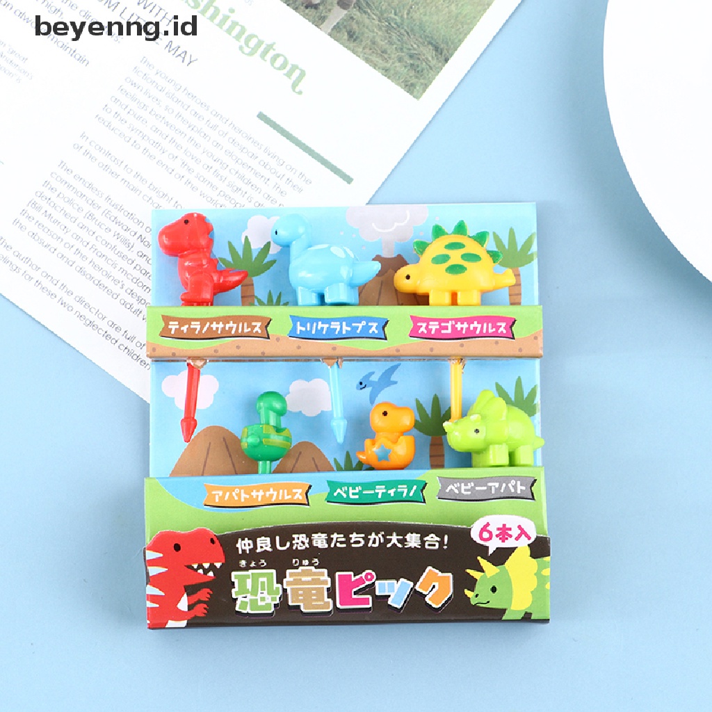 Beyen 6pcs / set Garpu Buah / Snack Mini Desain Kartun Dinosaurus Untuk Anak