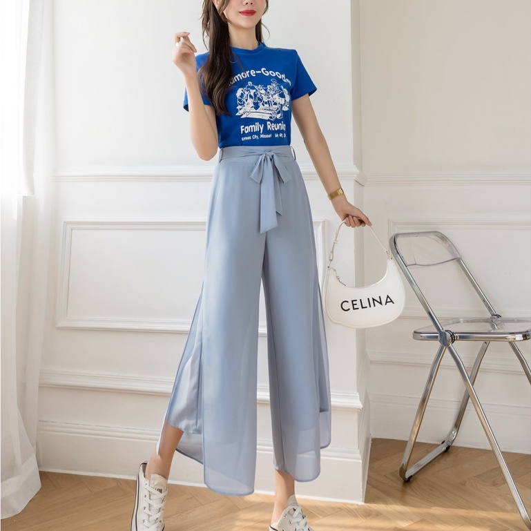 【Blossom】Korean Tie Front Cropped Solid Wide Leg Pants 7257