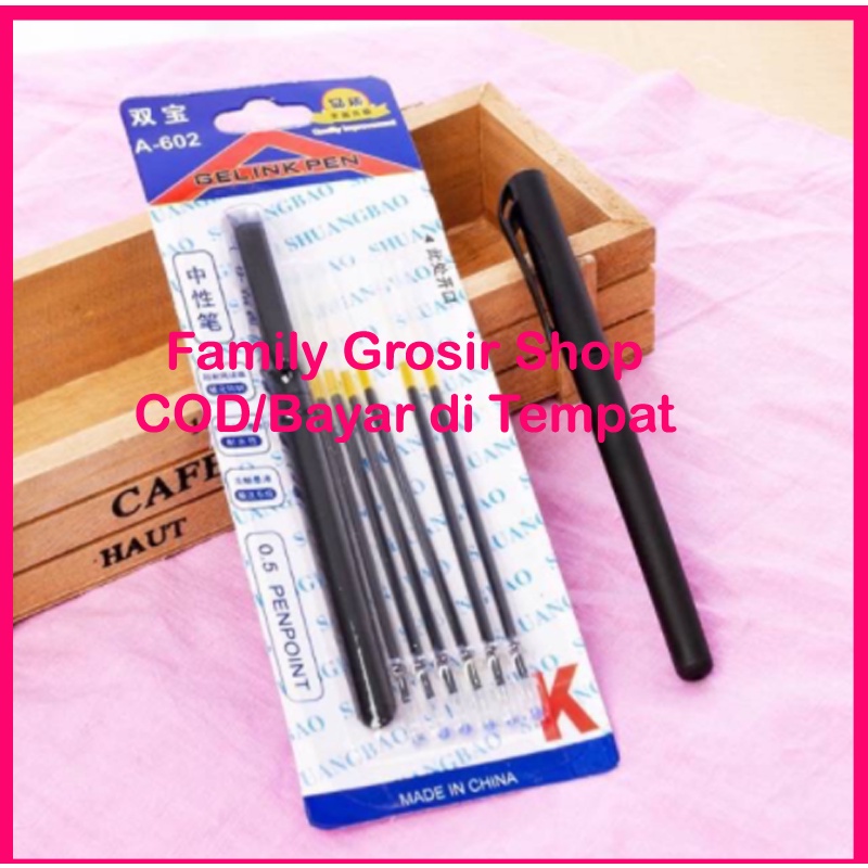 1 Set Pulpen gel 0.5mm + 6 Refill, warna hitam